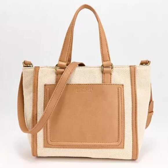 NWT American Leather Co. Bayberry Cotton/Leather Tote Vachetta Raffia - Picture 1 of 13